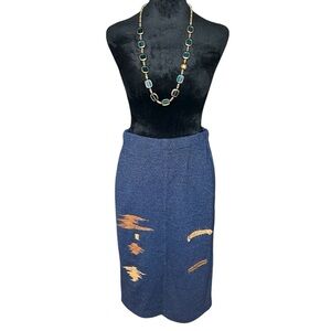 STIZZOLI Wool Blue Pencil Skirt Embroidered Fully Lined Made in Italy 42